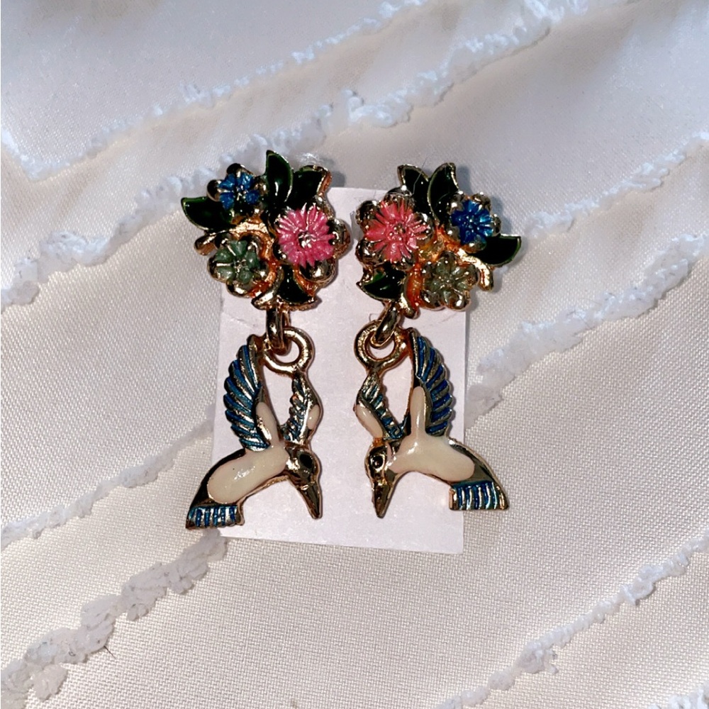 Floral and Bird Dangle Earrings
